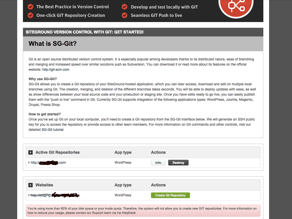 SiteGround Git disk space usage 