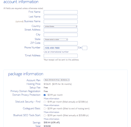 bluehost step 4 details