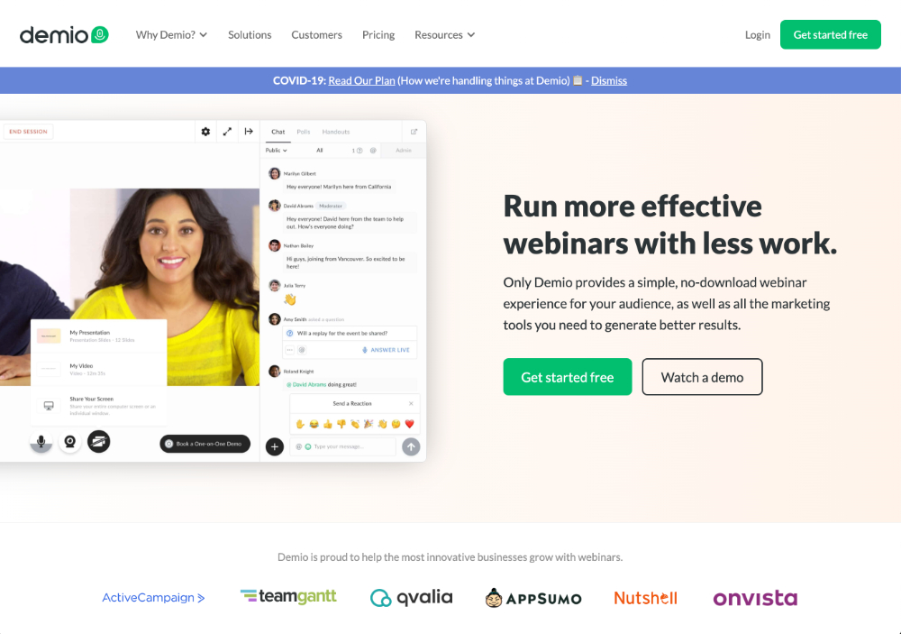 demio webinar software homepage screenshot